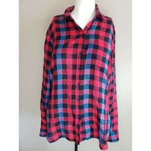 Women's Lucky Brand Small Flannel Plaid Shirt Red Blue Long Tunic Split Tail